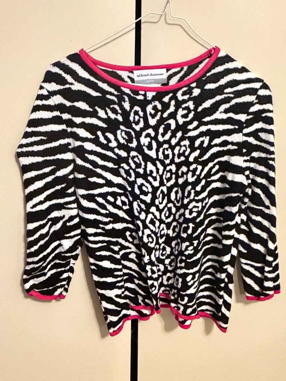 Alfred Dunner Black and White Animal-Print Sweater with Pink Trim